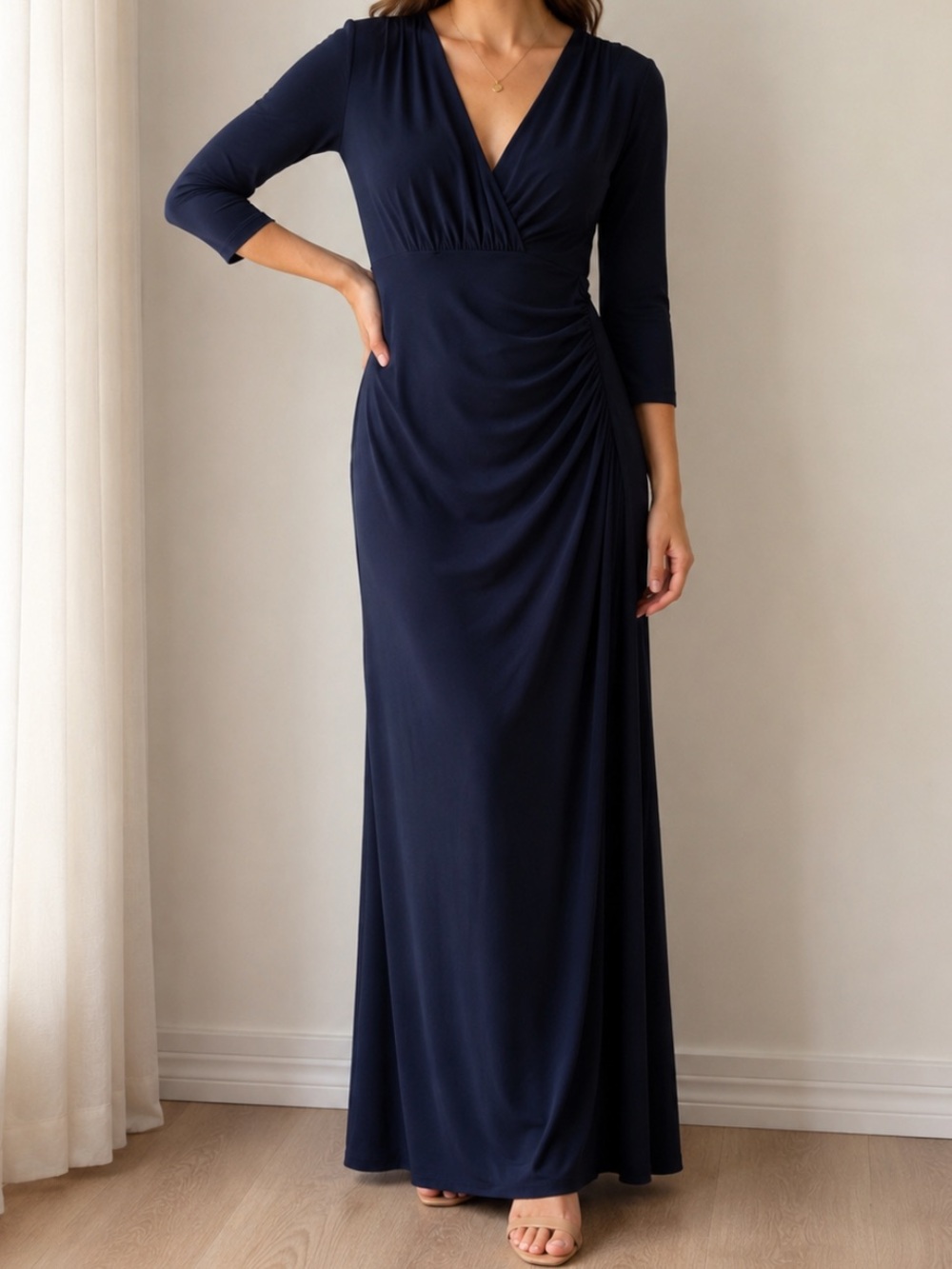 Lauren Ralph Lauren Evening Navy Blue Ruched Maxi Dress Size 12